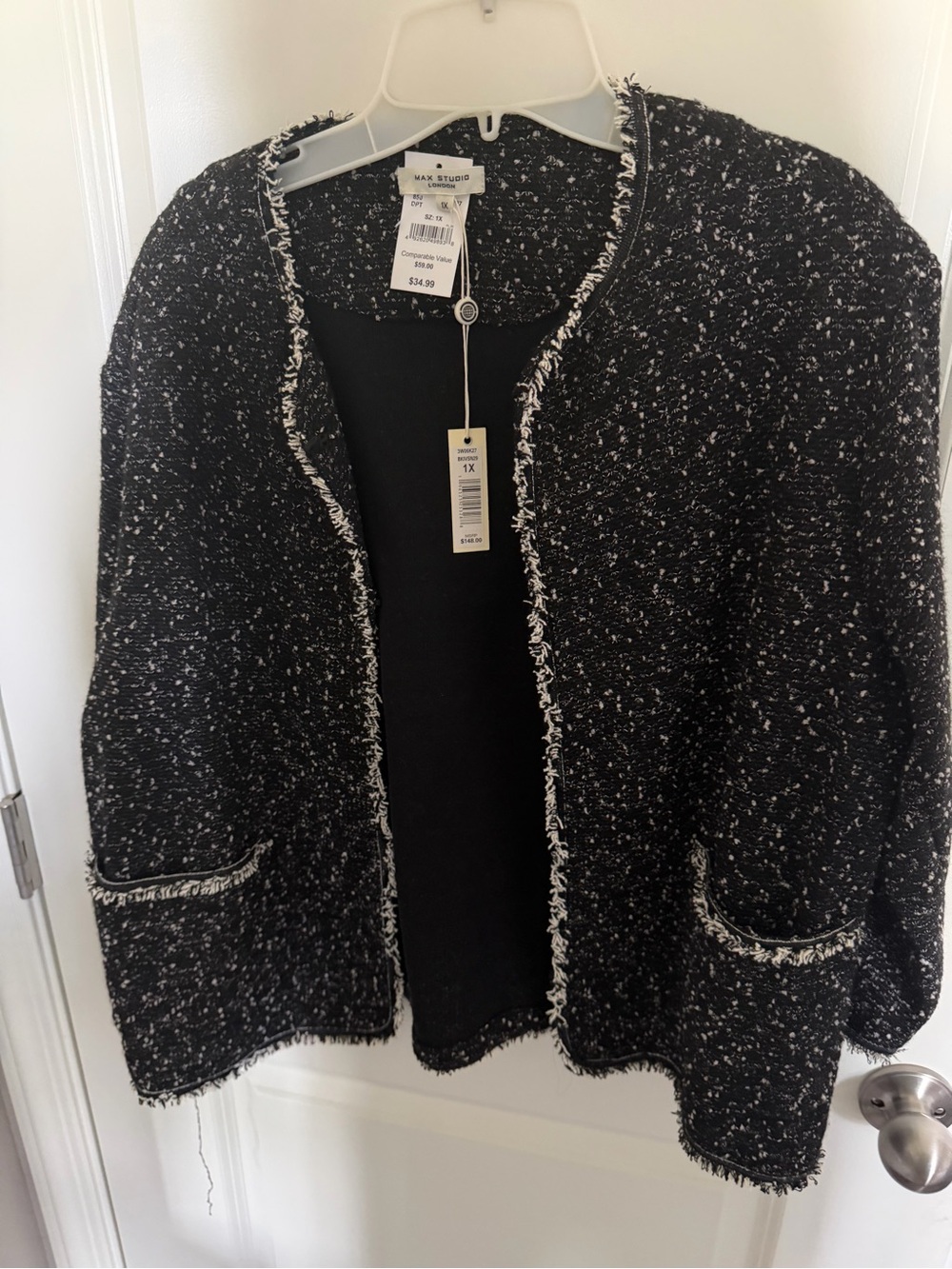 Max Studio Black & White Bouclé Open-Front Cardigan